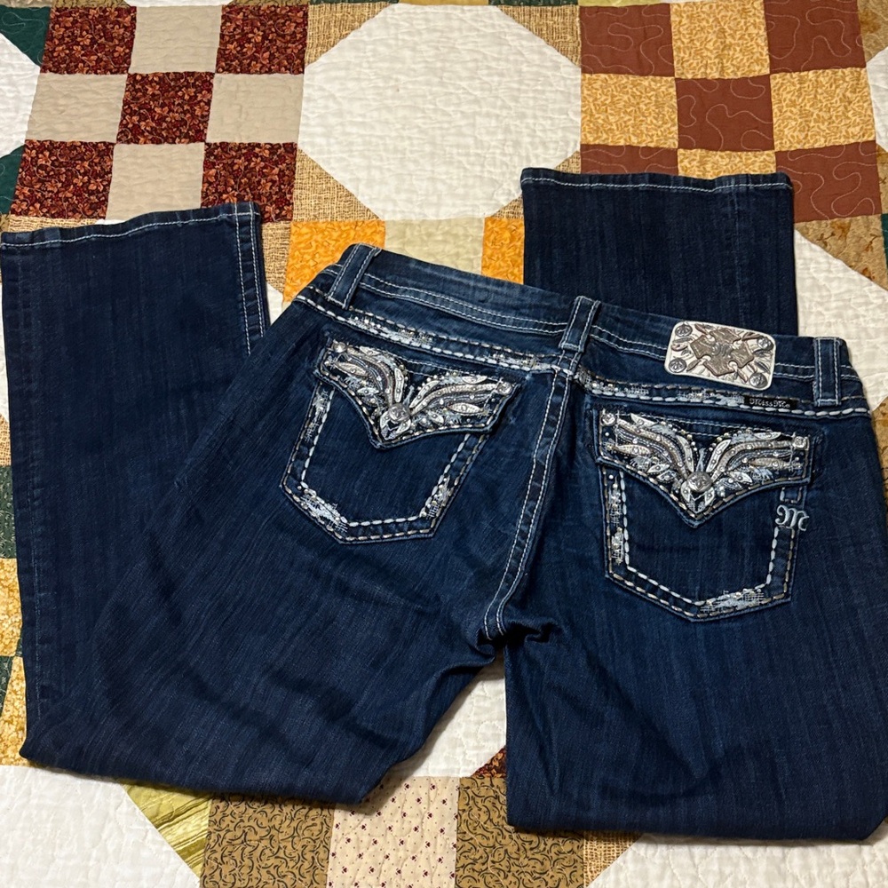 Miss Me Dark Blue Boot Cut Jeans with Silver Accents
